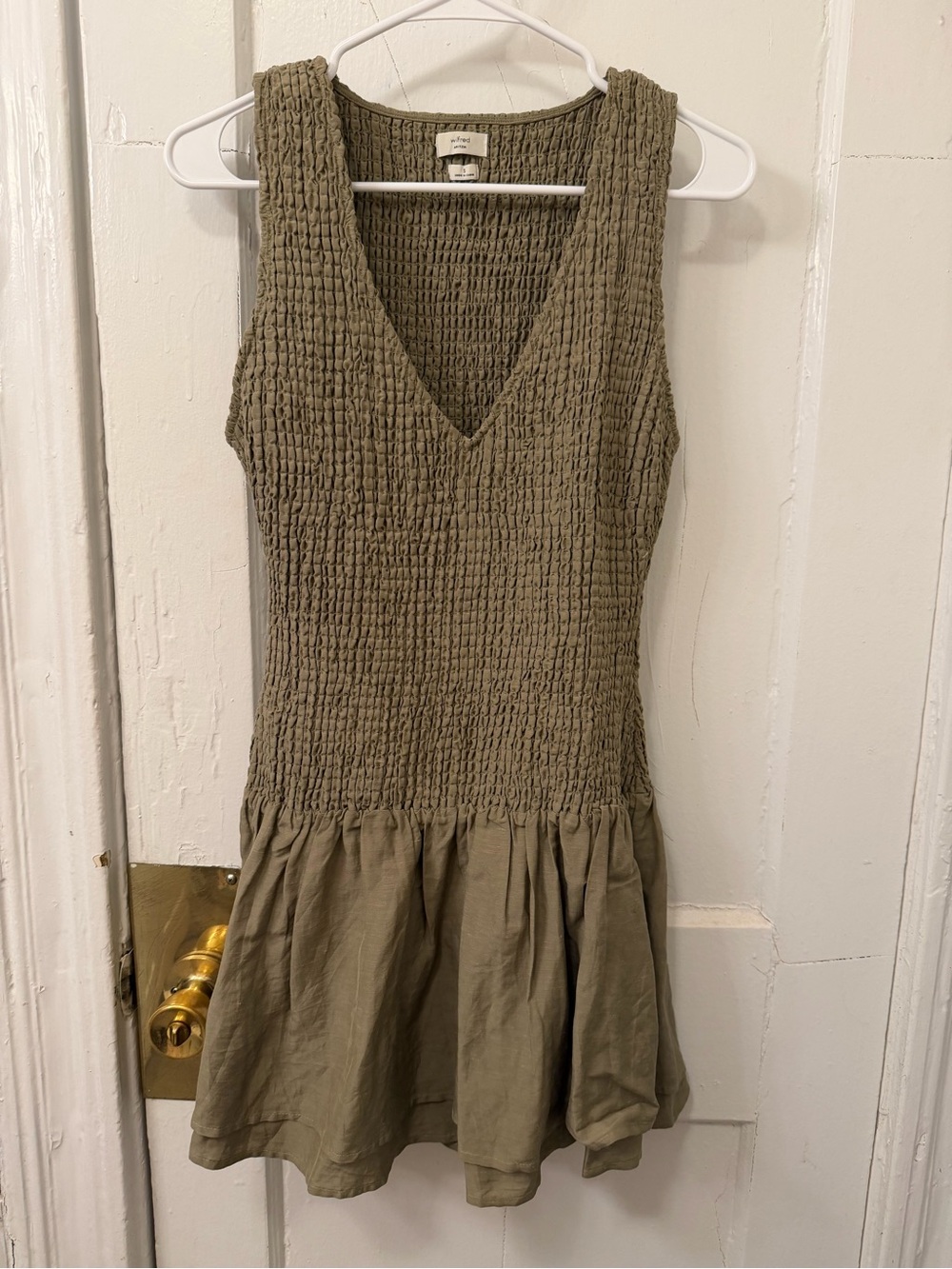 Aritzia Olive Smocked V-Neck Mini Dress